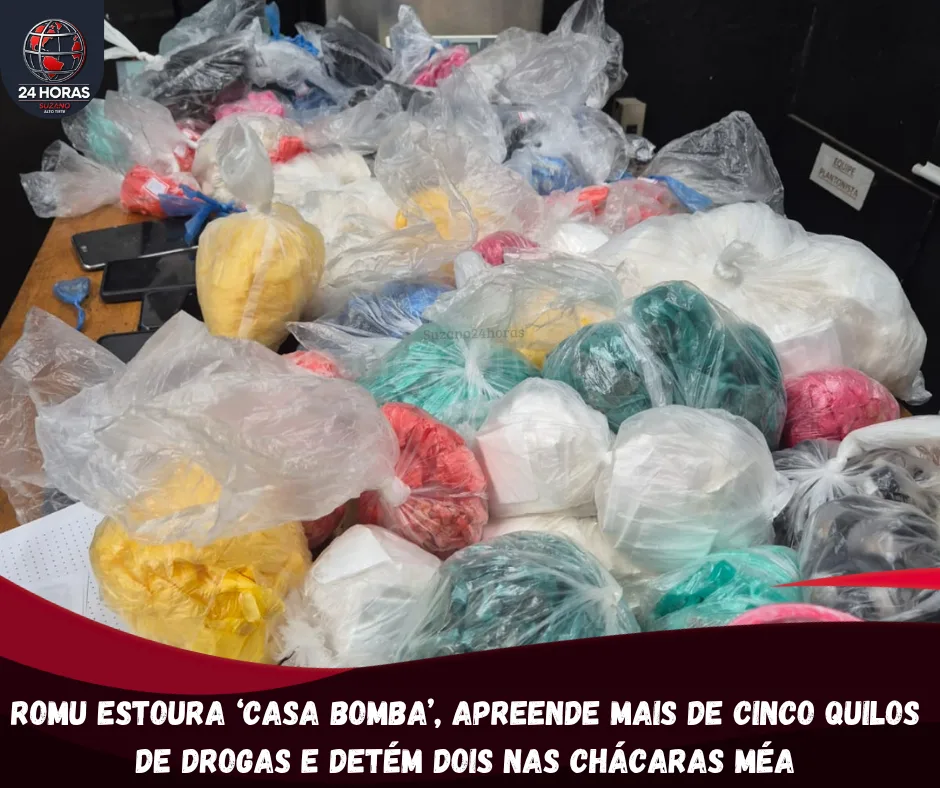 Romu estoura ‘casa bomba’, apreende mais de cinco quilos de drogas e detém dois nas Chácaras Méa